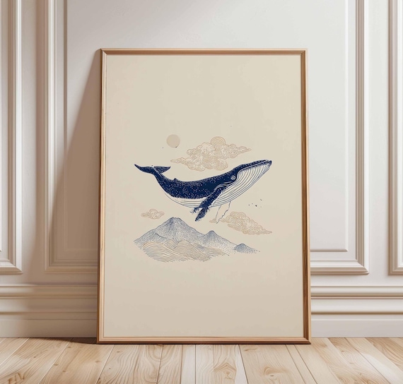 Flying Whale Wall Art Dreamy Ocean Poster Minimalist Blue Print Surreal Illustration Line Sea Decor