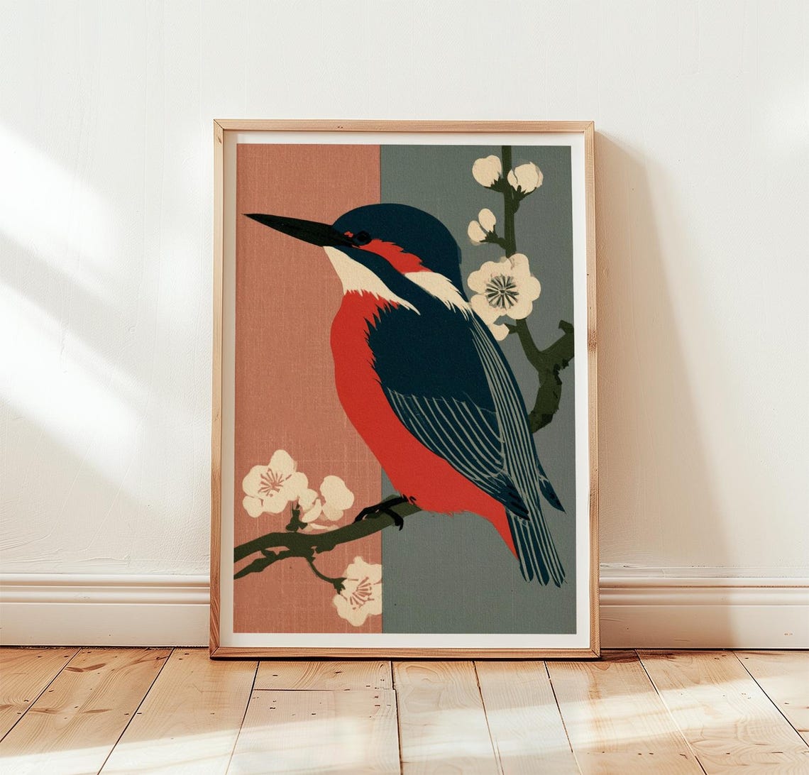 Kingfisher On Cherry Blossom Branch Japanese Woodblock Poster
