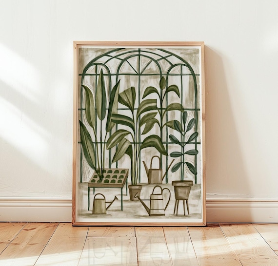 Greenhouse Plants Watering Cans Poster Muted Green Botanical Wall Decor