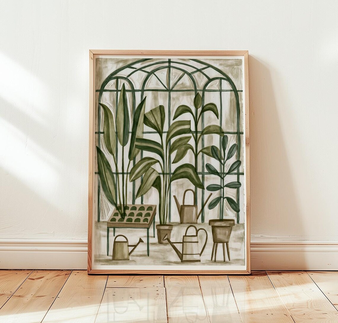 Greenhouse Plants Watering Cans Poster Muted Green Botanical Wall Decor