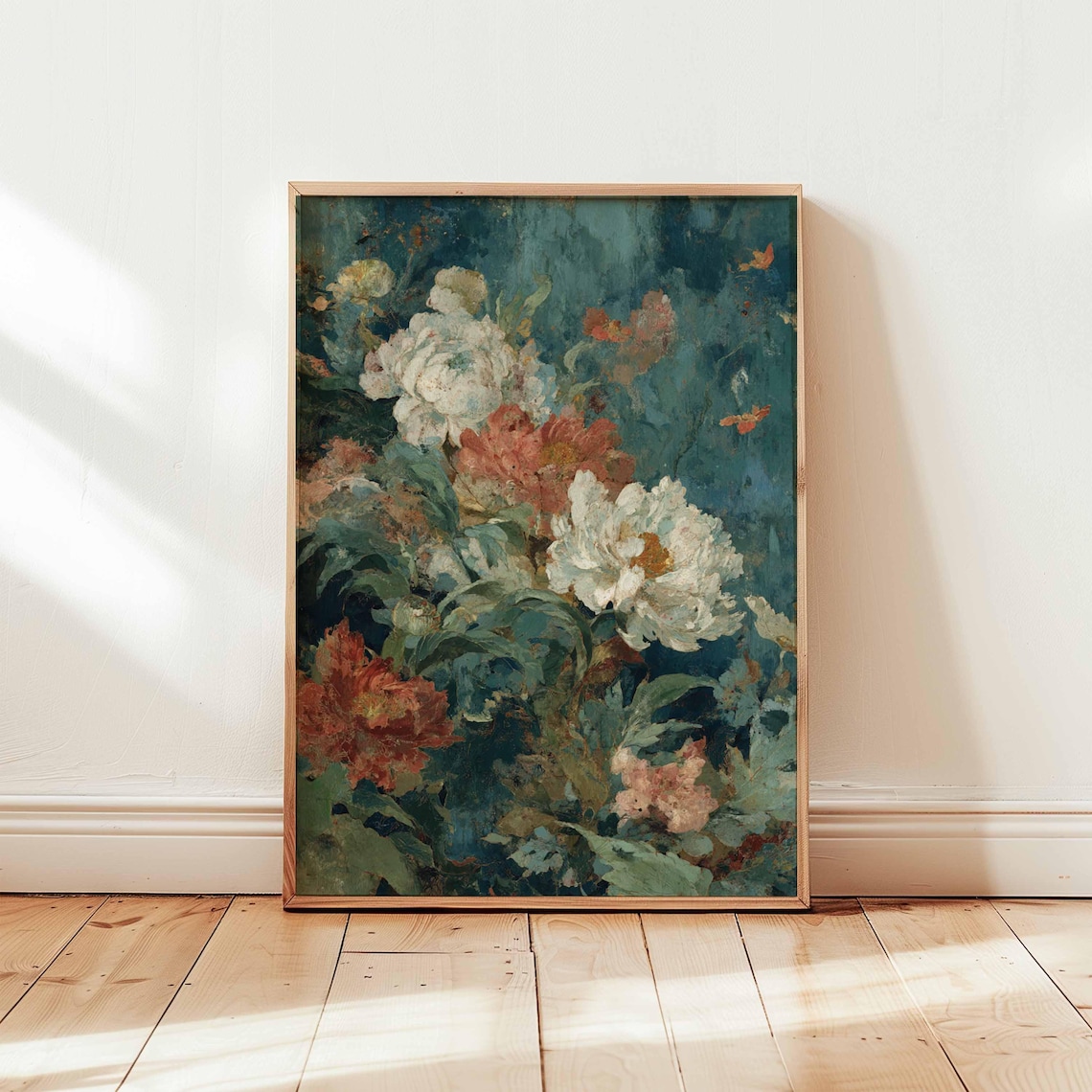 Impressionist Peony Floral Teal Textured Oil Painting Style Art Poster