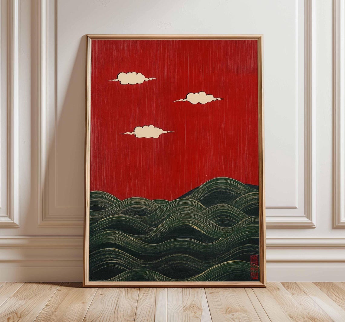 Japanese Red Sky Waves Poster Green Ocean Cream Clouds Artwork