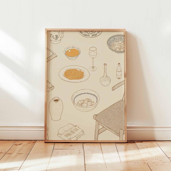 Minimalist Kitchen Table Art Print Line Drawing Food Poster Neutral Dining Room Decor Unframed Culinary Illustration Wall