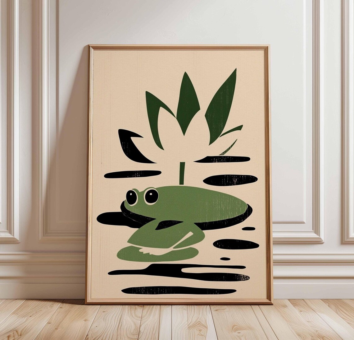 Cute Green Frog On Lily Pad Mid Century Scandinavian Animal Poster