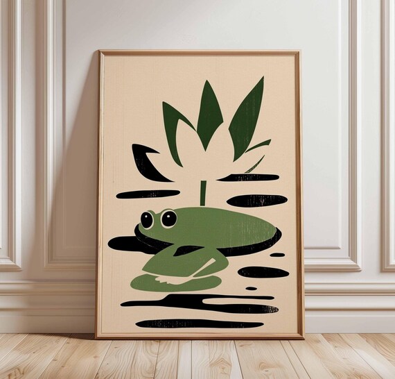 Cute Green Frog On Lily Pad Mid Century Scandinavian Animal Poster
