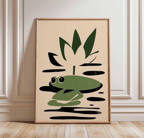 Minimalist Frog Wall Art Modern Green Poster Scandinavian Animal Print Cute Lily Pad Illustration Kids Room Nursery Decor