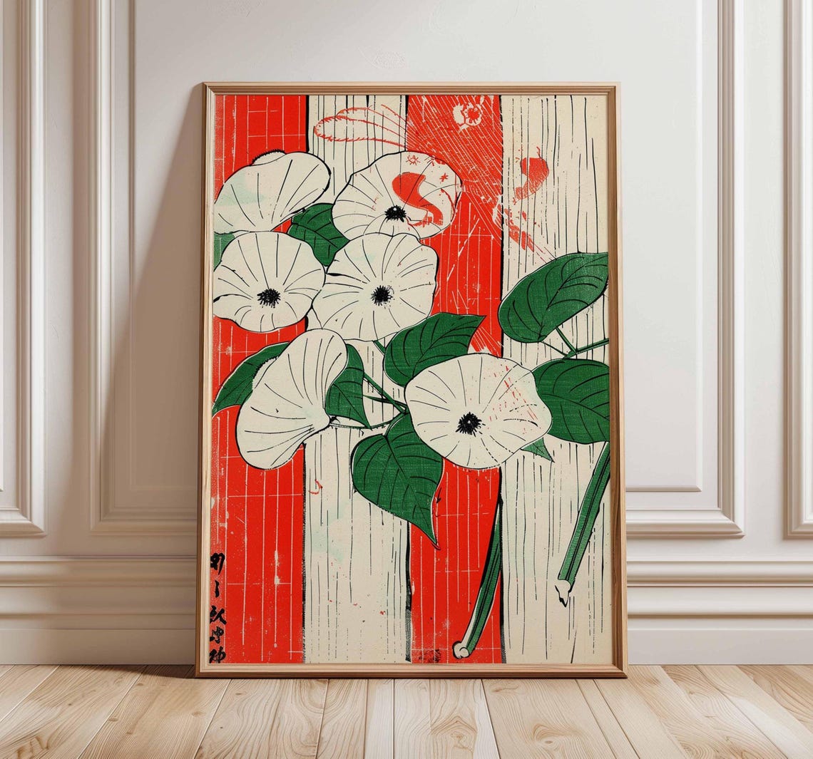 White Morning Glory On Red Pinstripes Japanese Botanical Poster