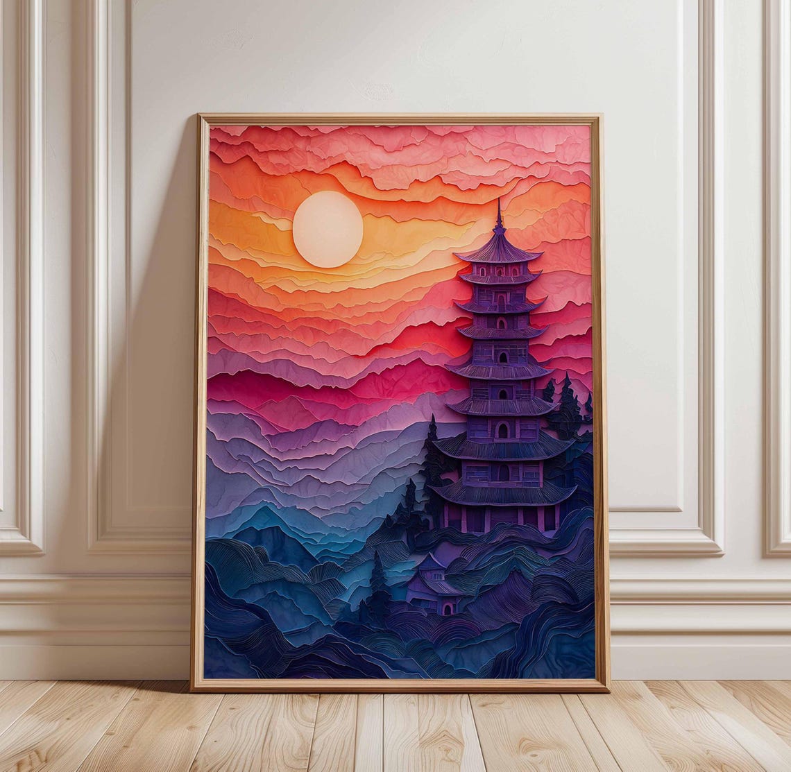 3D Layered Paper Pagoda Sunset Mountain Landscape Art Poster