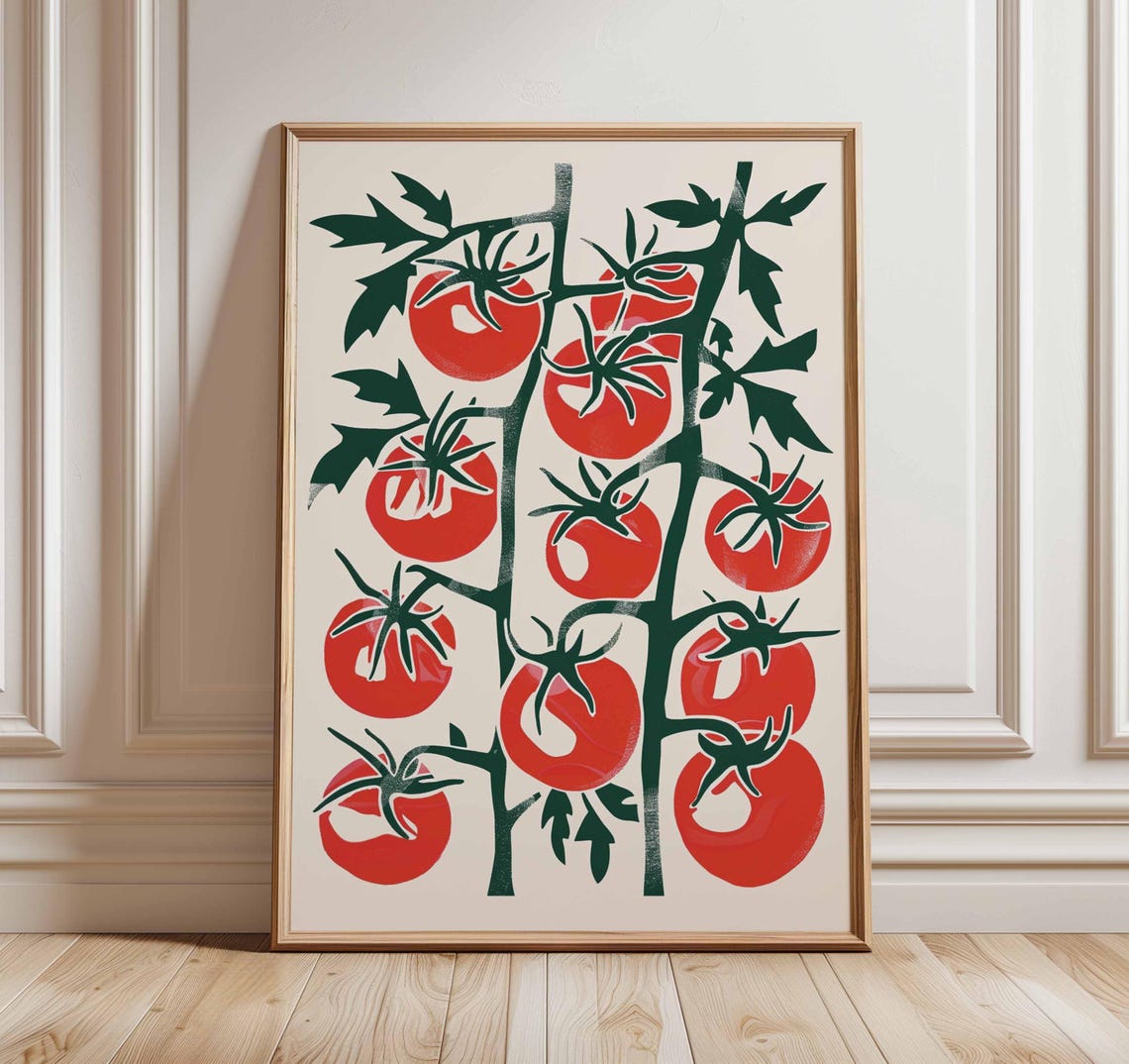 Tomato Plant Wall Art Modern Kitchen Poster With Red Tomatoes Rustic Vegetable Print Mid Century Inspired Food Illustration Decor