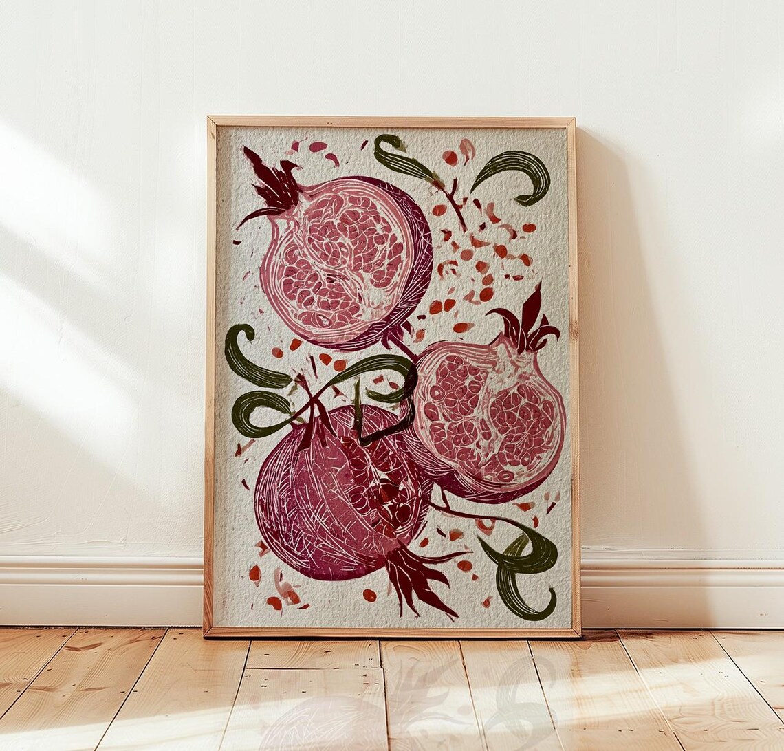 Pomegranate Botanical Linocut Poster Red Fruit Illustration Kitchen Art