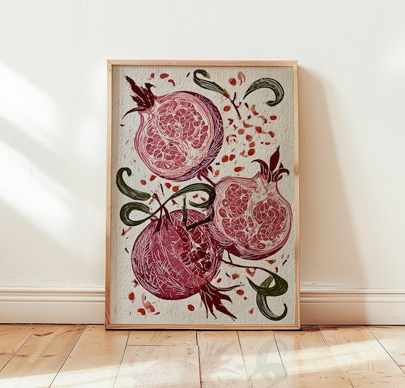 Pomegranate Botanical Linocut Poster Red Fruit Illustration Kitchen Art