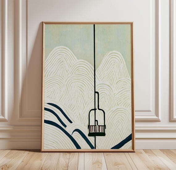 Ski Lift Poster, Minimal Winter Mountain Landscape