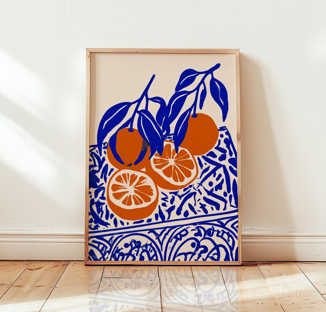 Blue Oranges, Matisse Style Fruit Bowl Art Print