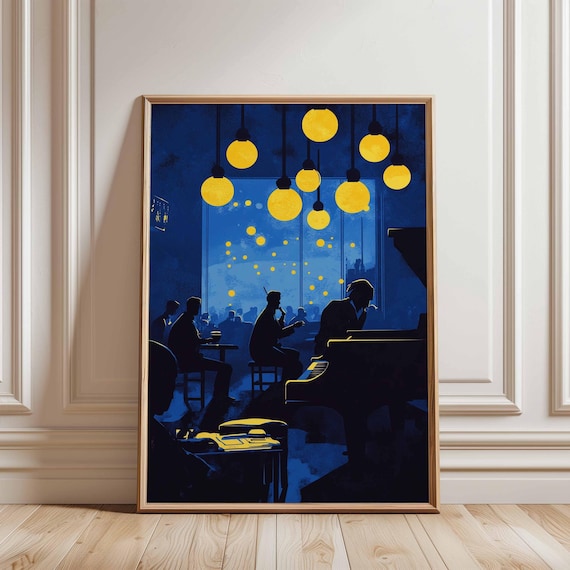 Jazz Bar Poster Midnight Piano Lounge Wall Art Blue And Yellow Night Cafe Print