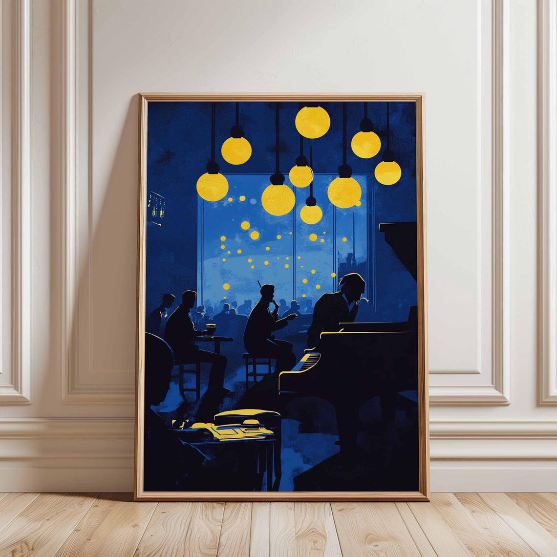 Midnight Jazz Bar Piano Lounge Blue Yellow Nightclub Art Poster