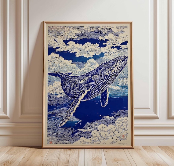 Japanese Whale Poster Ukiyoe Prints Vintage Ocean Art Traditional Blue Wall Decor Sea Life Print Set