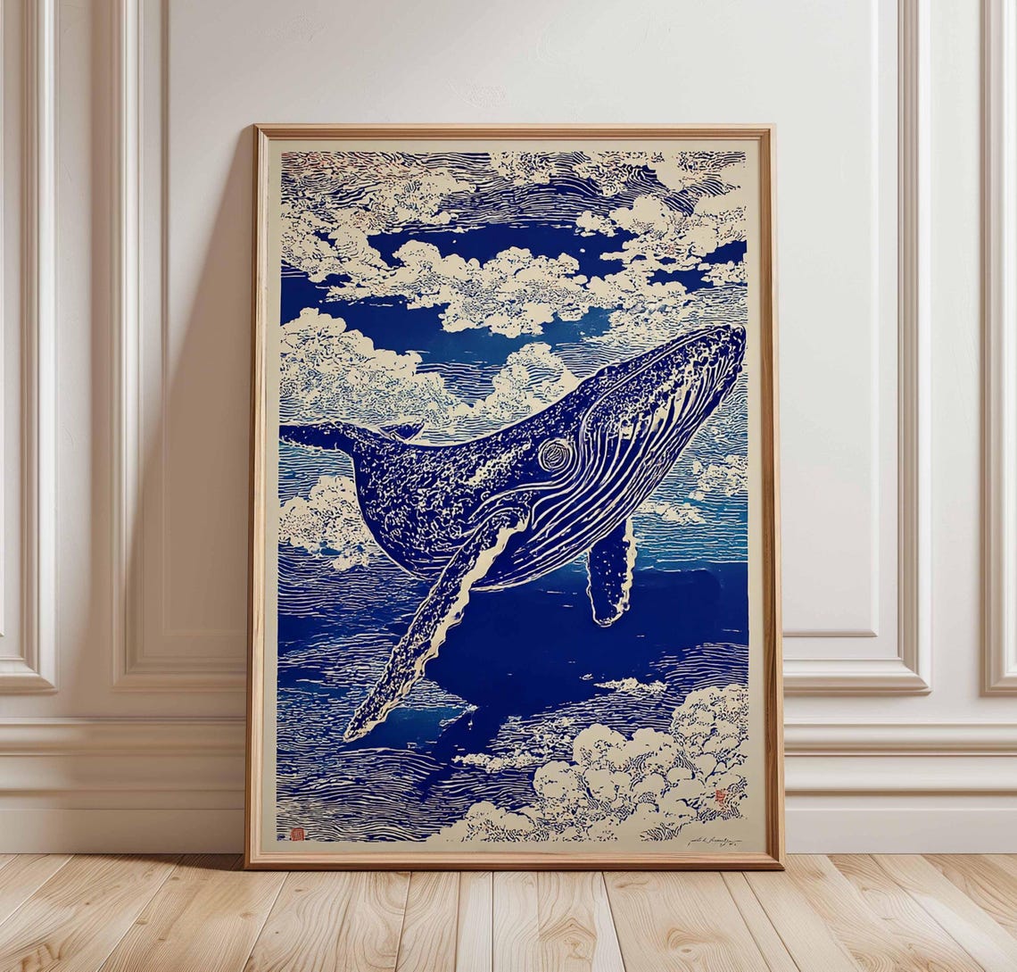 Blue Humpback Whale Woodcut Breaching Ocean Waves Art Poster
