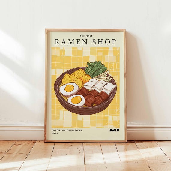 Ramen Shop Poster Japanese Food Bowl Wall Art Print Bright Kitchen Decor Yokohama Chinatown Style Unframed Illustration