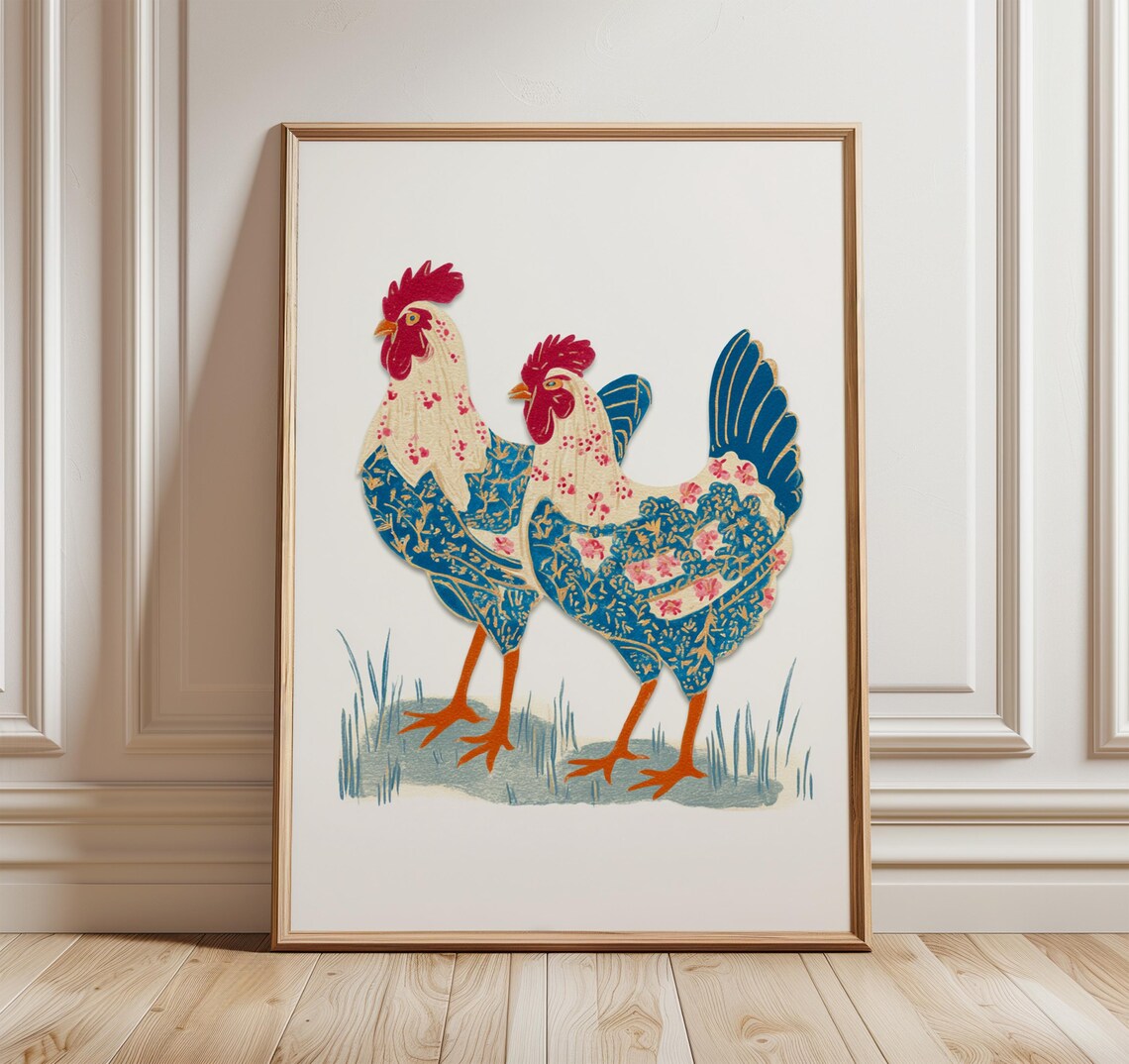 Colorful Folk Art Chicken Pair Poster With Floral Blue Pattern Feathers