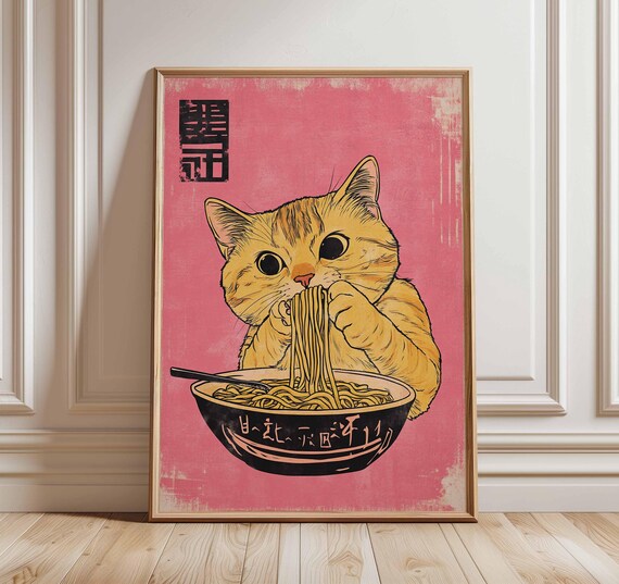 Ginger Cat Joyfully Eating Ramen Vintage Japanese Style Kitchen Poster