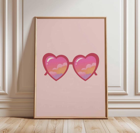 Heart Sunglasses Poster Cute Pink Wall Art Retro Girl Room Decor Fun Summer Print Y2k Cloud Illustration