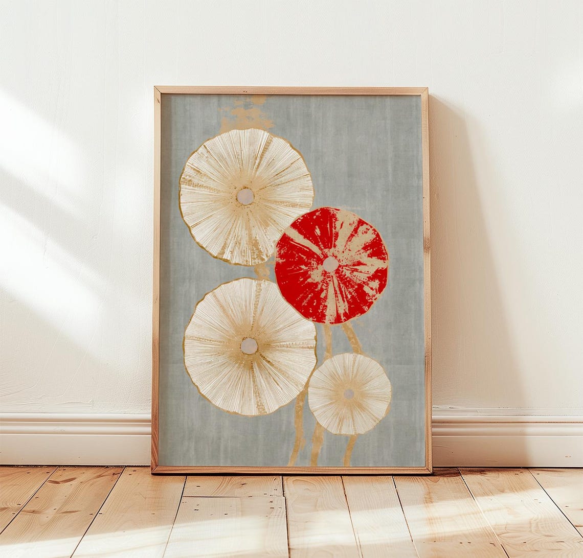 Abstract Red Gold Radial Poster Modern Coastal Bloom Circle Art