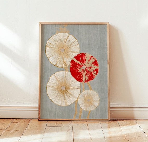 Abstract Sea Urchin Print Blue Red Coastal Wall Art Modern Poster