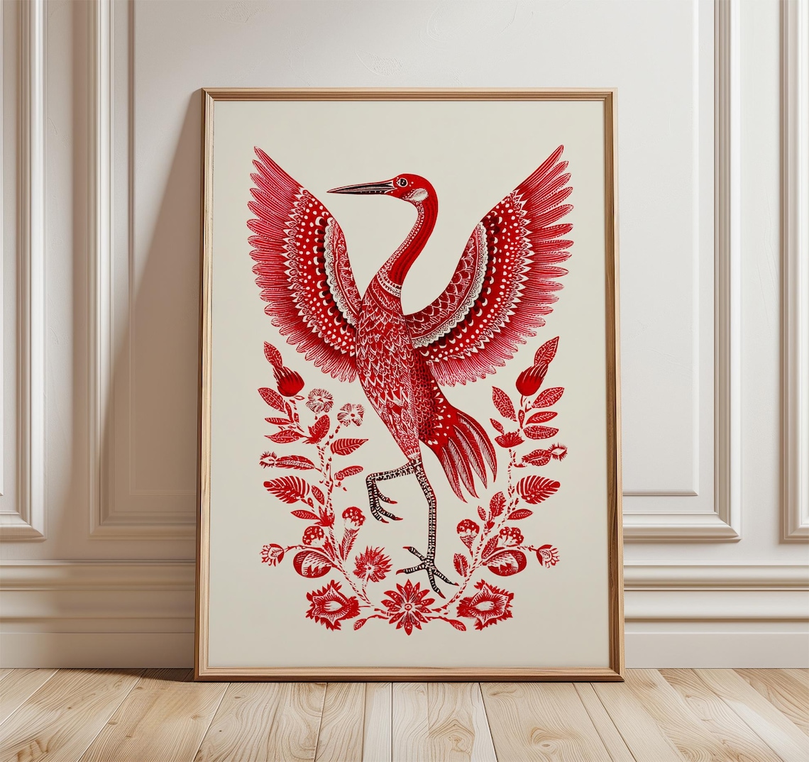 Crane Folk Bird Illustration, Ornamental Floral Poster
