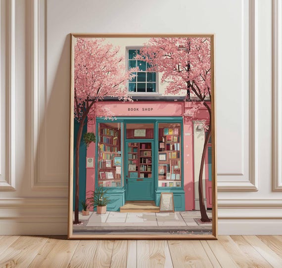 Cherry Blossom Bookstore - Spring Street Scene Poster