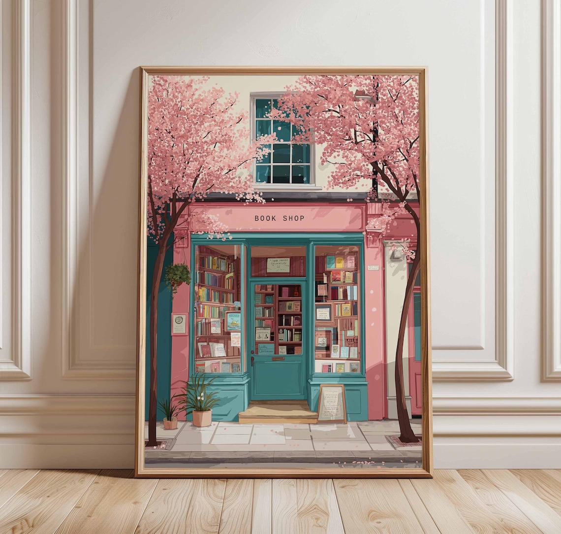 Cherry Blossom Bookstore - Spring Street Scene Poster