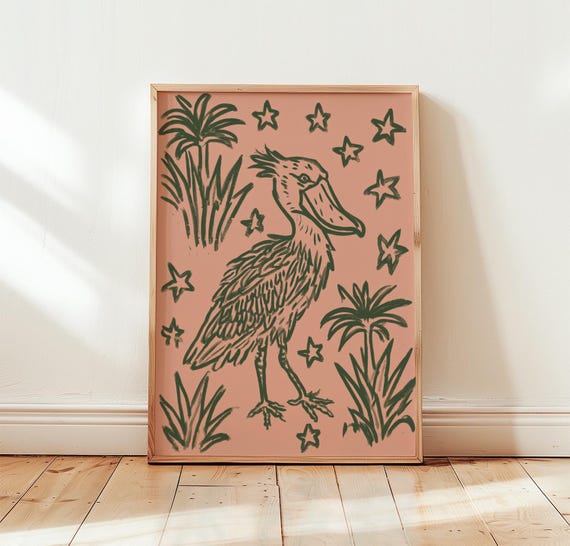 Shoebill Bird Poster Folk Wildlife Print Botanical Nature Wall Art