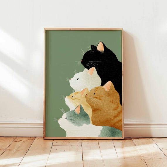 Stacked Cats Minimalist Poster Cute Cat Illustration Wall Art Modern Pet Lover Decor Whimsical Feline Print On Green Background Unframed