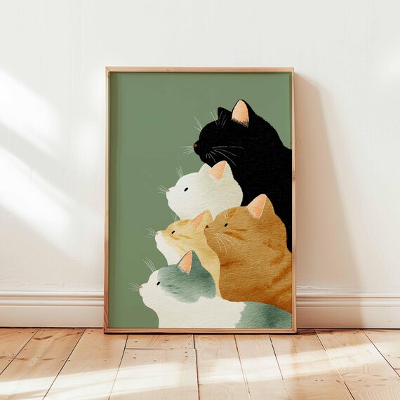 Stacked Cats Tower Minimalist Sage Green Cute Feline Wall Poster