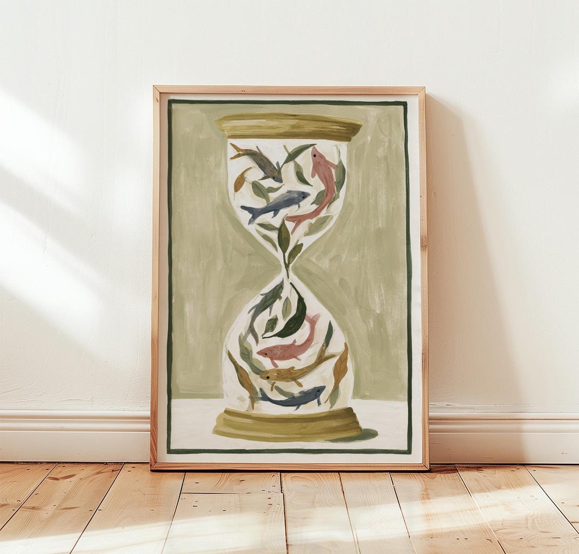 Koi Hourglass Poster Sage Green Wall Art Paper Print