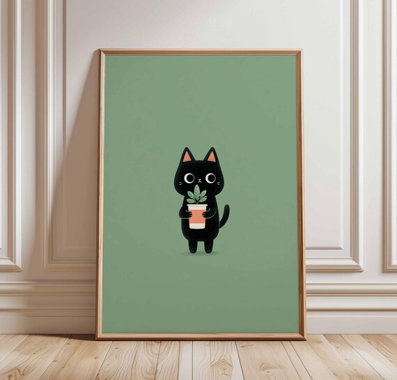 Cute Black Cat Holding Potted Plant Kawaii Minimalist Art Print