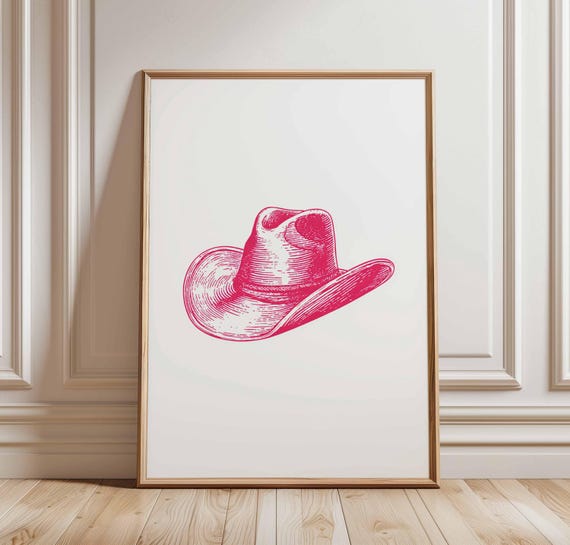 Western Cowboy Hat Poster Print Minimalist Country Wall Art Rustic Decor Pink Line Illustration Modern Rodeo