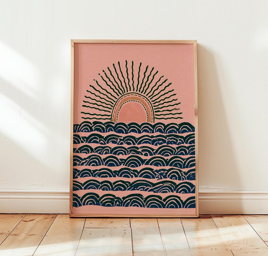 Sunset Over Ocean Waves With Rainbow Arch Boho Coastal Wall Art