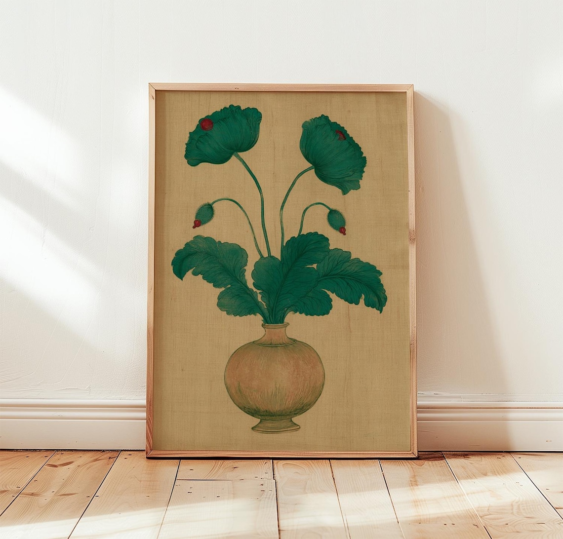 Green Poppy Vase, Botanical Vintage Poster Print