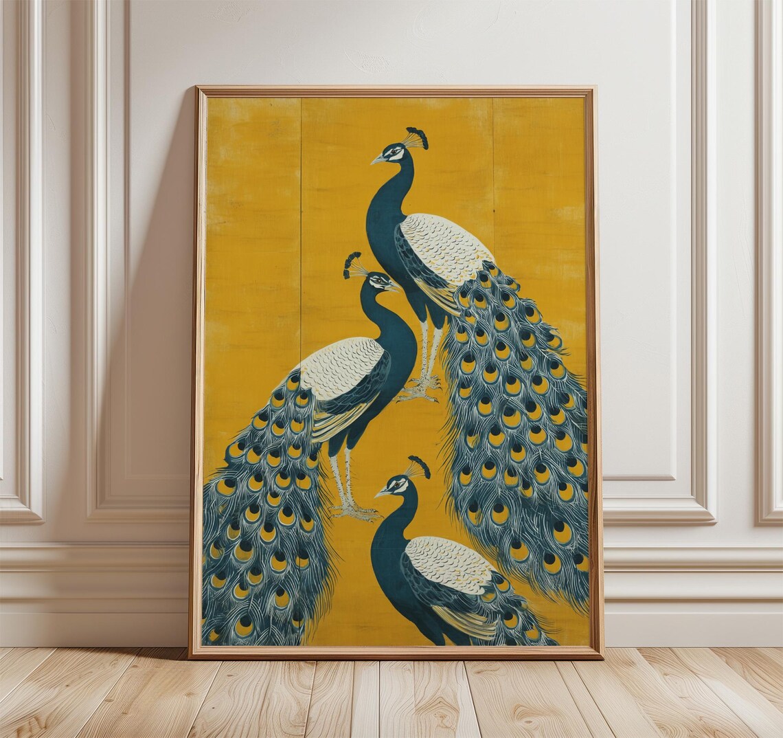 Peacock Poster Japanese Gold Screen Style Blue Birds Elegant Wall Decor
