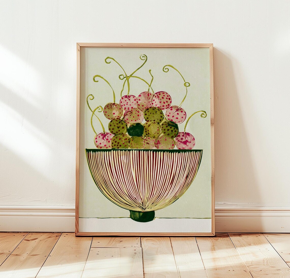 Cherry Bowl Vintage Linocut, Kitchen Art Print