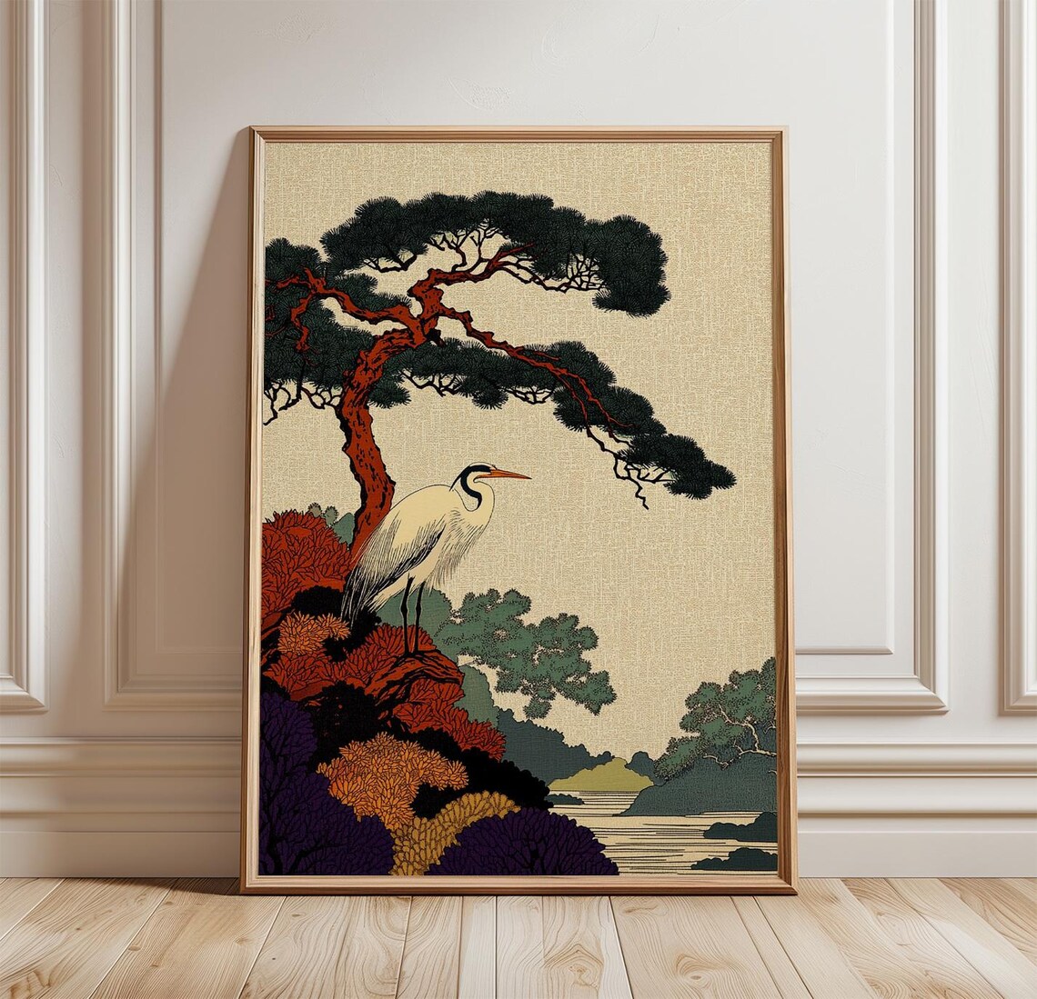 Japanese Woodblock White Egret Red Pine Autumn Garden Poster