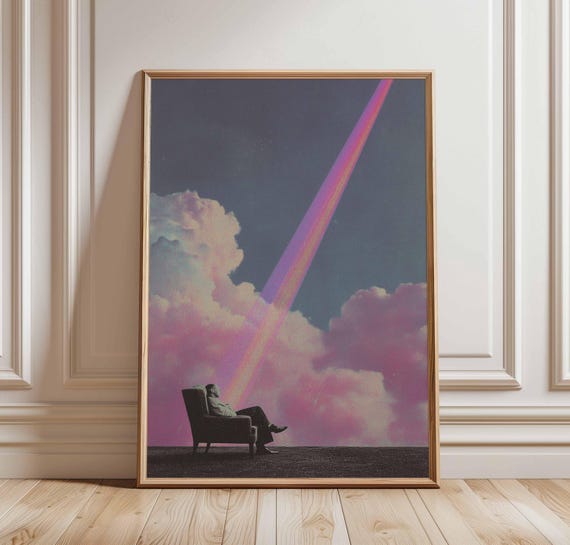 Surreal Beam Of Light Wall Art Print Dreamy Cosmic Sky Poster Vaporwave Retro Cloud Decor Trippy Thoughtful Illustration