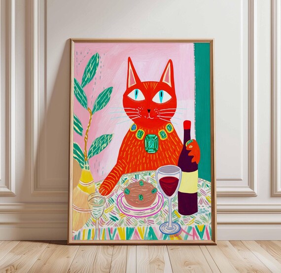 Sassy Red Cat With Wine and Dinner Colorful Whimsical Poster