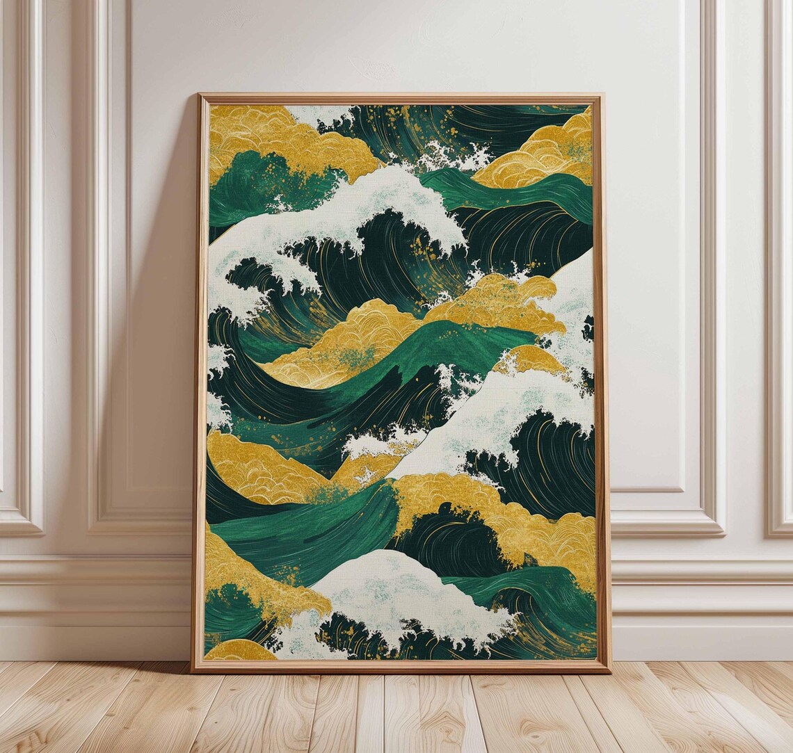 Japanese Green Gold Wave Traditional Ocean Style Abstract Art Poster