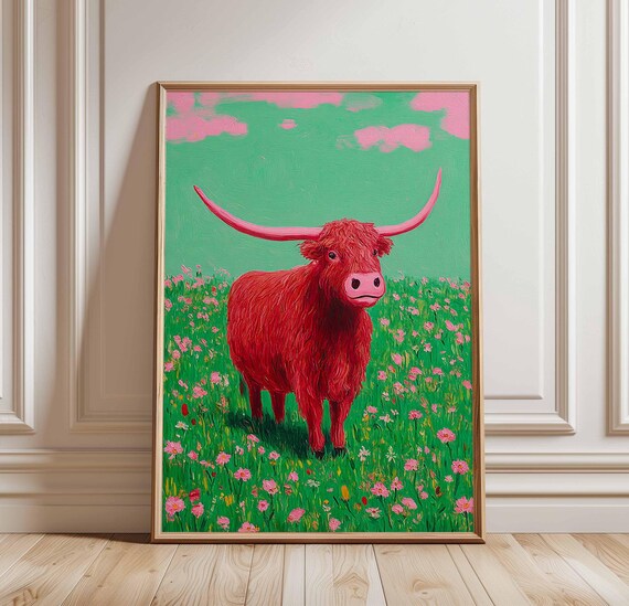 Highland Cow in Wildflower Meadow Pink Clouds Artwork Poster