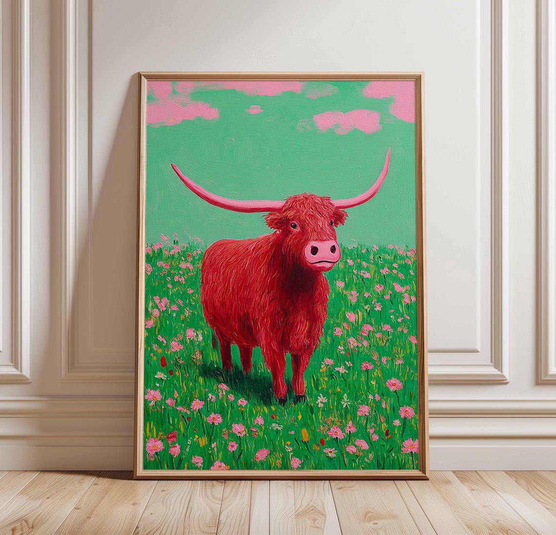 Highland Cow in Wildflower Meadow Pink Clouds Artwork Poster