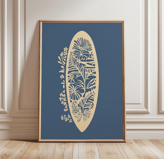 Tropical Botanical Surfboard Blue Coastal Beach Surf Decor Poster