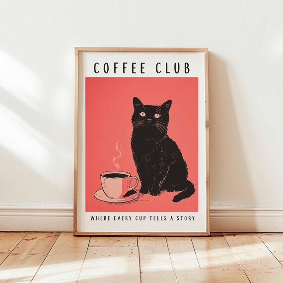 Coffee Club Black Cat On Red Kitchen Poster Where Every Cup Tells A Story