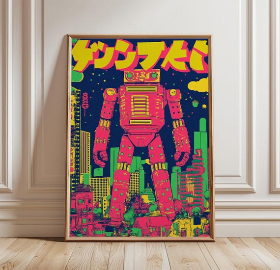 Japanese Robot Retro Sci Fi, Cyberpunk Graphic Poster