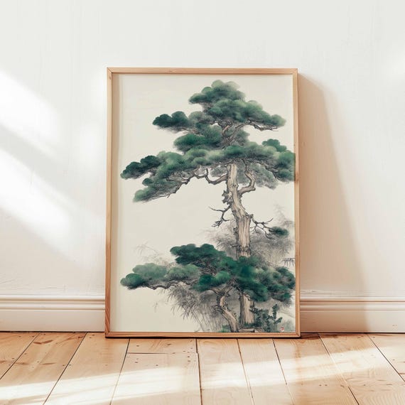 Japanese Pine Tree Poster Traditional Ink Painting Wall Art Zen Nature Landscape Print Asian Botanical Decor Unframed Artwork